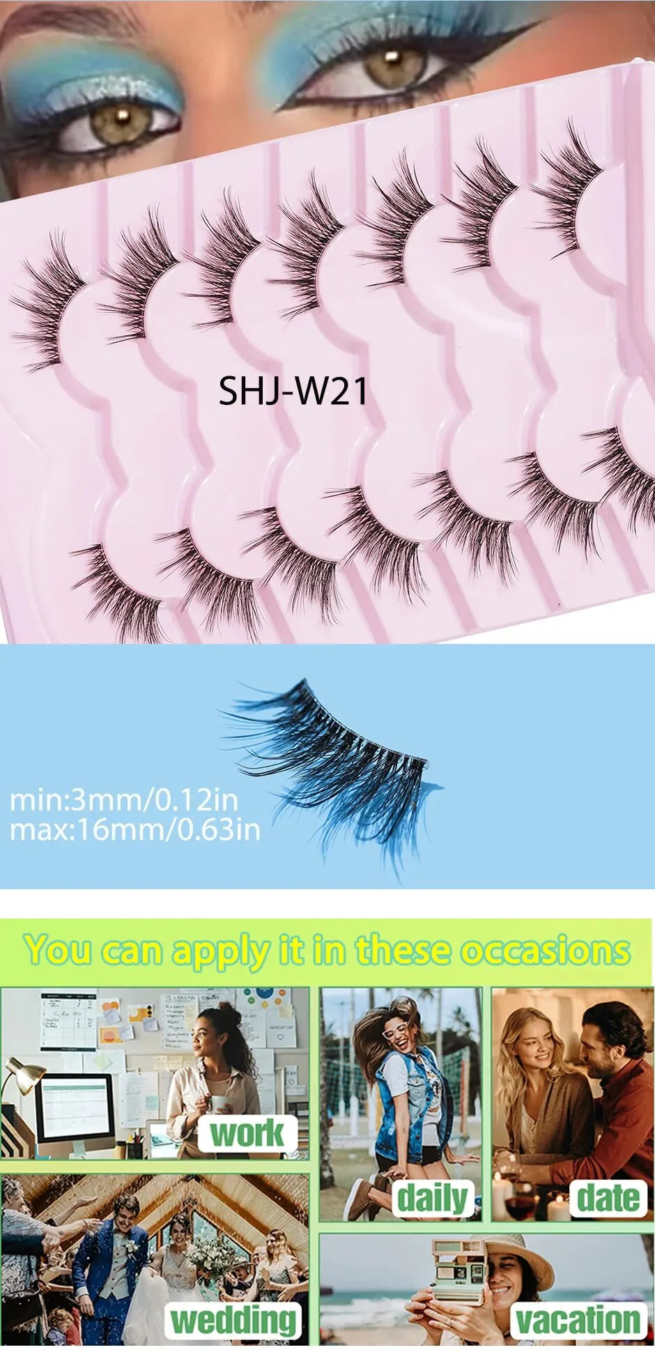 7 Pairs of Thick And Slender Eyelashes With Elongated and Comfortable Black Cotton Thread and Crossed Fishtail, Half Eye False E