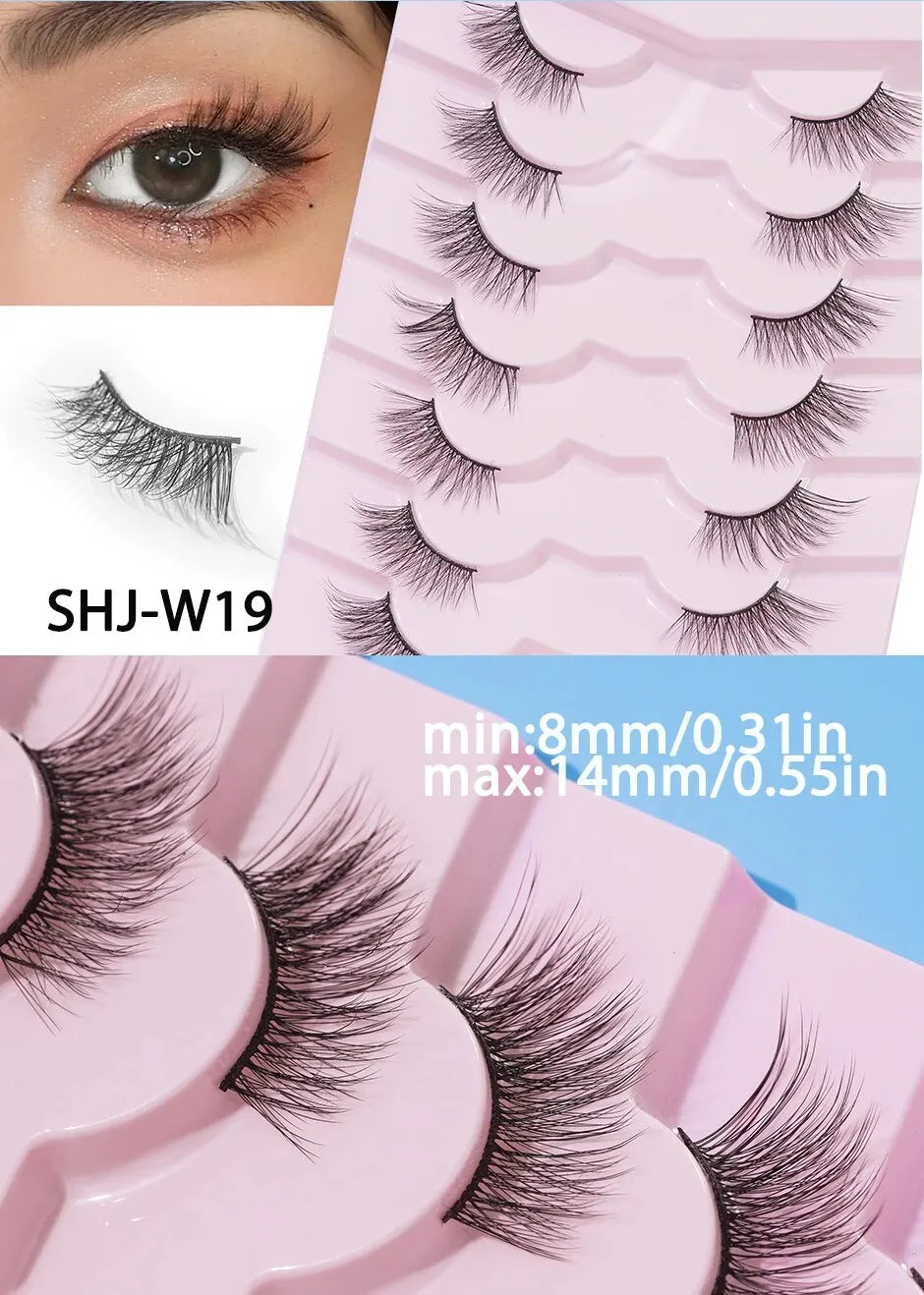 7 Pairs of Thick And Slender Eyelashes With Elongated and Comfortable Black Cotton Thread and Crossed Fishtail, Half Eye False E